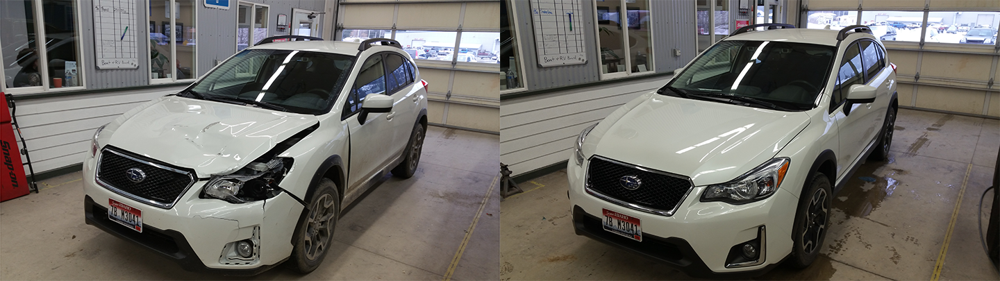 Before and after of a Subaru after it was repaired